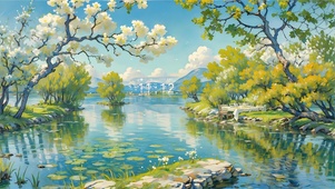 清澈湖泊梨花