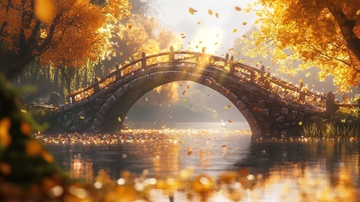 唯美秋日湖心石桥