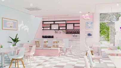 4k治愈可爱粉咖啡厅