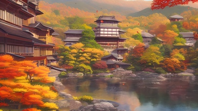 秋天湖边日式村落