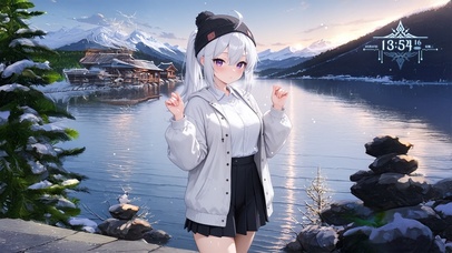 唯美湖边雪景少女