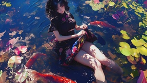 唯美国风戏水女孩