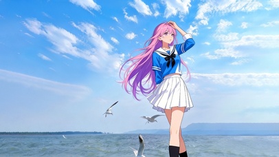 海边吹风的少女