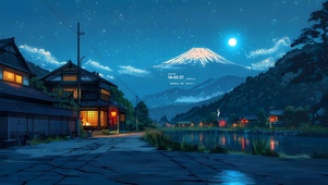 夜空雪山湖水小屋