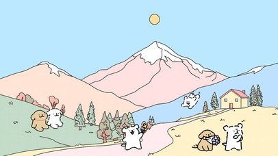 线条快乐小狗治愈卡通粉色山脉