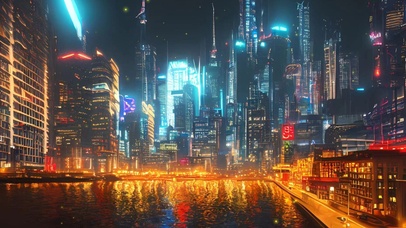 湖边未来城市夜景