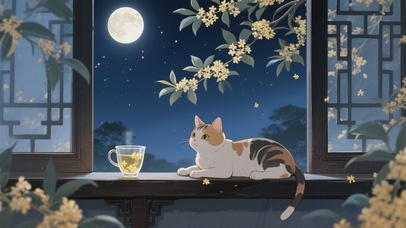 月下桂花与猫咪