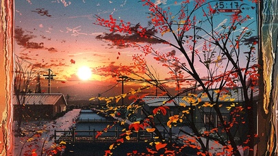 4k治愈日系枫叶夕阳
