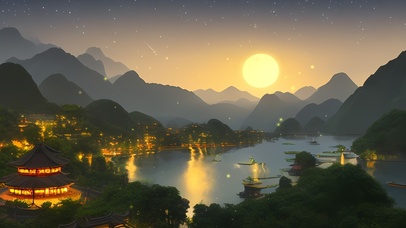 月夜古风湖边小镇