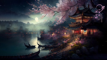 古风月夜江边阁楼