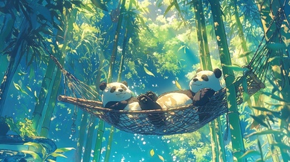 治愈阳光竹林玩耍的熊猫兄弟