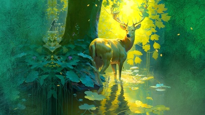 阳光森林中觅水的麋鹿（护眼）