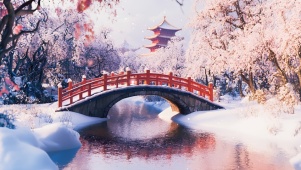 雪中小桥梅花林