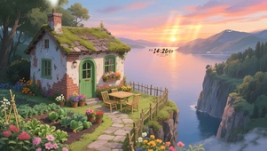 山间晚霞小屋