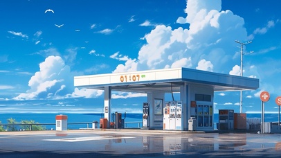 4K唯美治愈日系海景动漫加油站