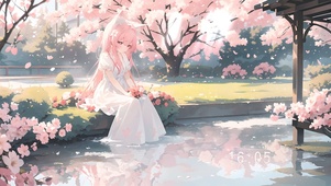 唯美后院樱花池塘少女