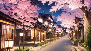夜晚樱花飘落的日式街道