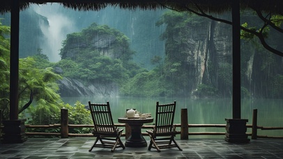 雨天品茶观山水