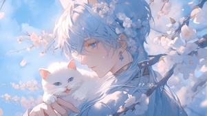 4K古风樱花少年和猫