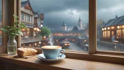 雨中窗边的咖啡