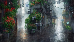 雨中鲜花小巷