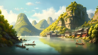 清新绿色大山湖泊