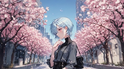 唯美樱花街道少女