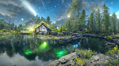 唯美护眼森林湖畔小屋