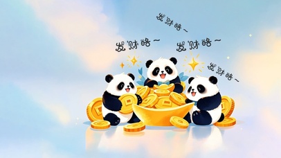 三只熊猫坐在一堆金币上