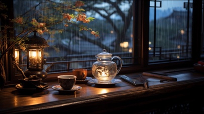 雨天窗边烛光