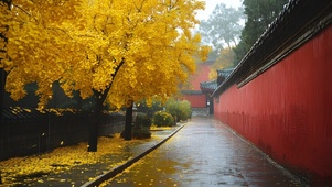 雨落金叶映古巷