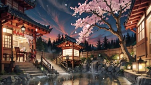夜晚日式温泉小院
