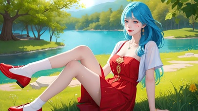 4K户外阳光蓝发红裙美少女