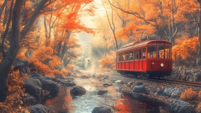 秋天森林中的电车