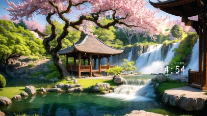 4k瀑布樱花凉亭