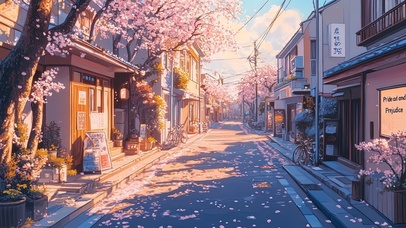 浪漫樱花落日街景