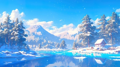 唯美静谧雪原湖边小屋