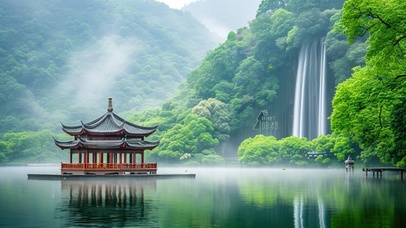 4K山间瀑布湖泊