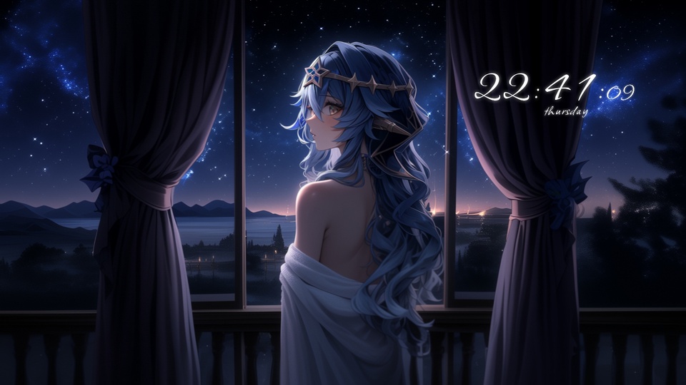 蓝卷发露肩少女站在窗前，窗外是布满繁星的夜空与远山湖面。