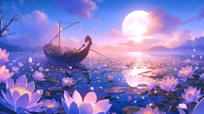 月夜湖边小船