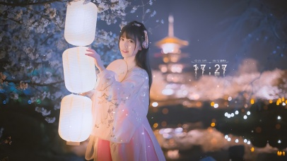 唯美夜晚樱花美女