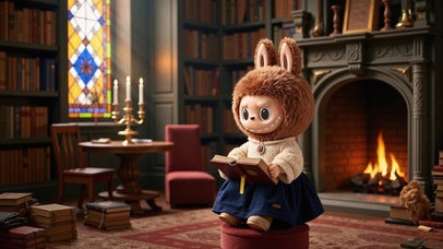 Labubu在古董图书馆