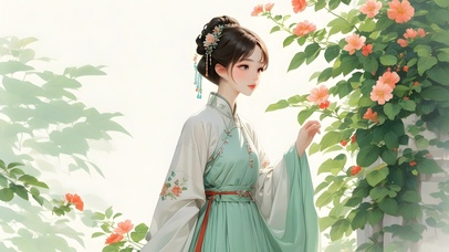 绿色护眼古风美女手绘花朵插画9