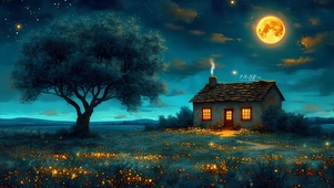 夜晚草原小屋