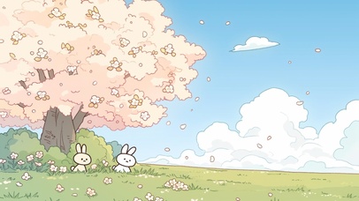 治愈可爱春日风景樱花树下兔子