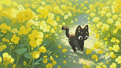 油菜花田中的小黑猫