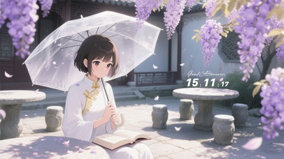 紫藤花下的少女