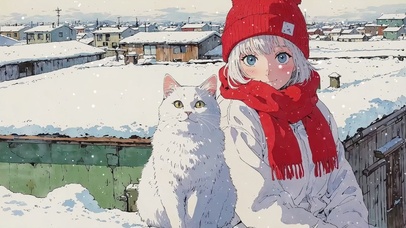 雪中的少女和她的猫