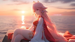 夕阳海边女孩