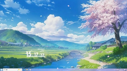 蓝天白云樱花树木河流桌面主题